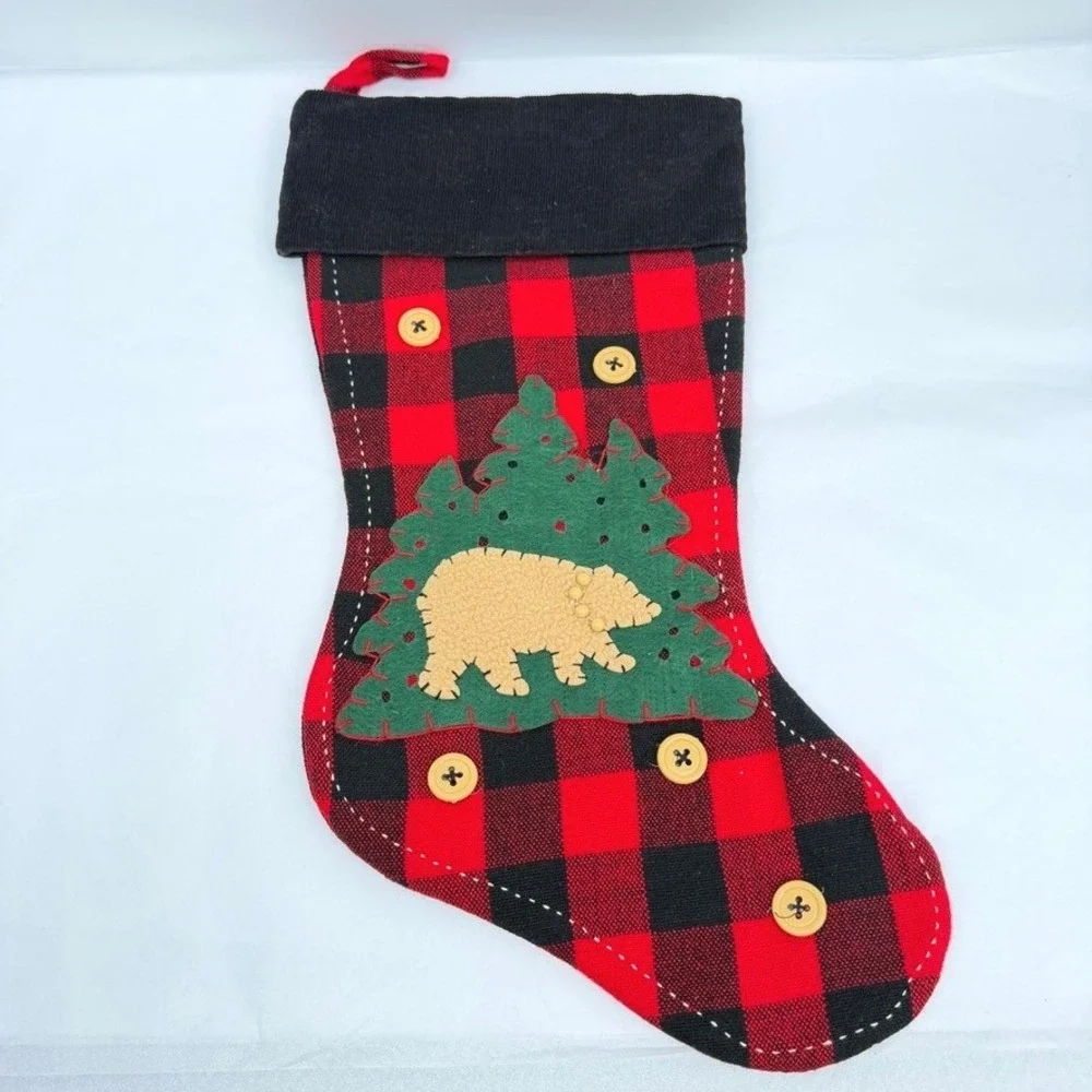 Walmart Christmas Stocking Buffalo Plaid Bear Tree Cabin Lodge Holiday Decor